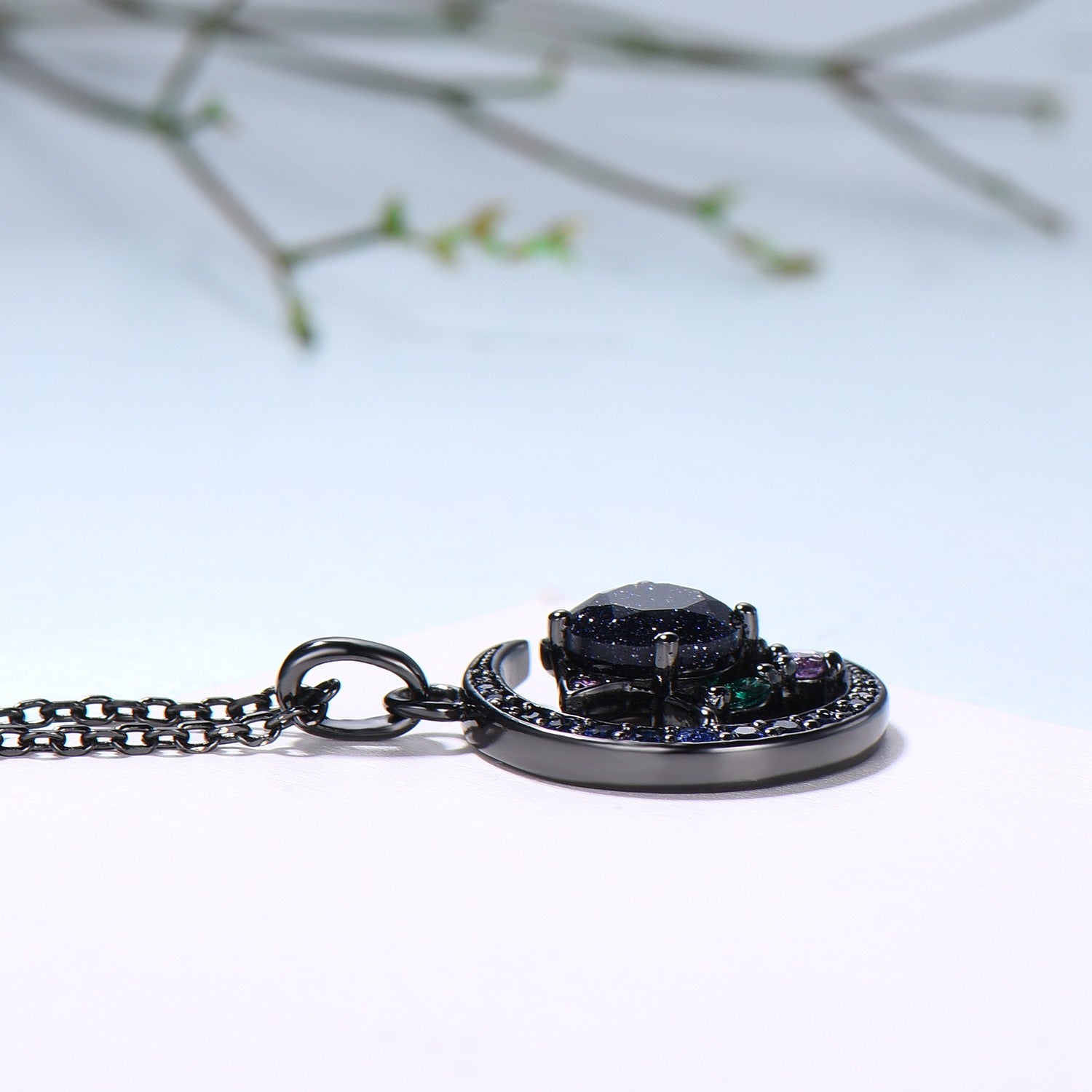 Unique Black Gold Blue Sandstone Necklace Magic Crescent Moon Devil Pendant Necklace Sapphire Emerald Gothic Anniversary Gift for Daughter - PENFINE