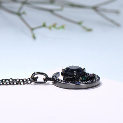 Unique Black Gold Blue Sandstone Necklace Magic Crescent Moon Devil Pendant Necklace Sapphire Emerald Gothic Anniversary Gift for Daughter - PENFINE