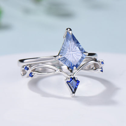 Kite Fantasy Cut Cornflower Blue Sapphire Solitaire Wedding Ring Set Sapphire Curved Band