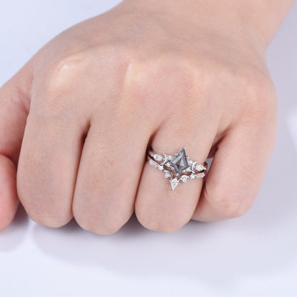 Unique kite cut salt and pepper diamond ring set natural pepper engagement ring 18k white gold bridal wedding set handmade anniversary gift - PENFINE