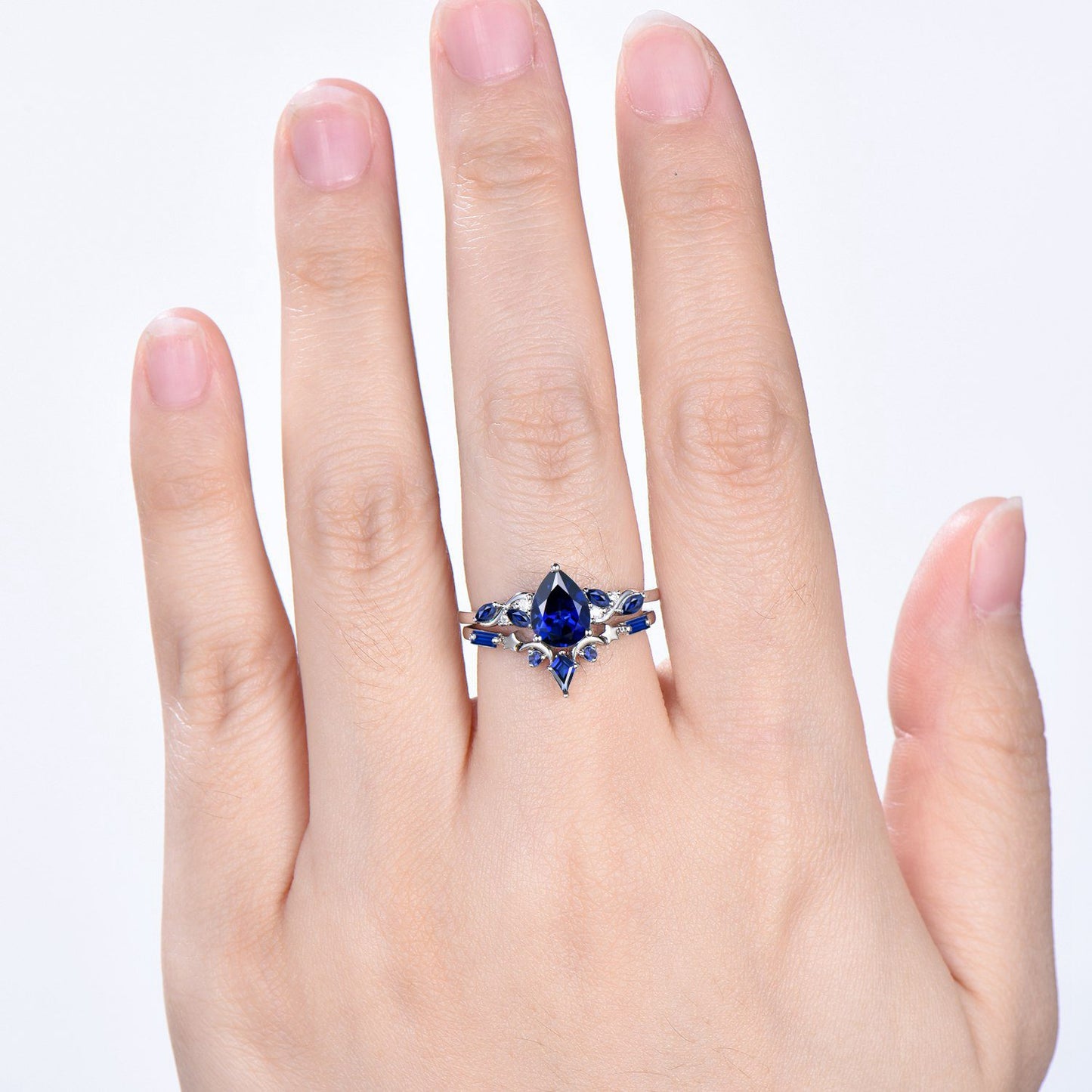 Vintage Pear Shaped Blue Sapphire Engagement Ring Set, 14k Rose Gold Sapphire Wedding Set Unique September Birthstone Proposal Gift for Her - PENFINE