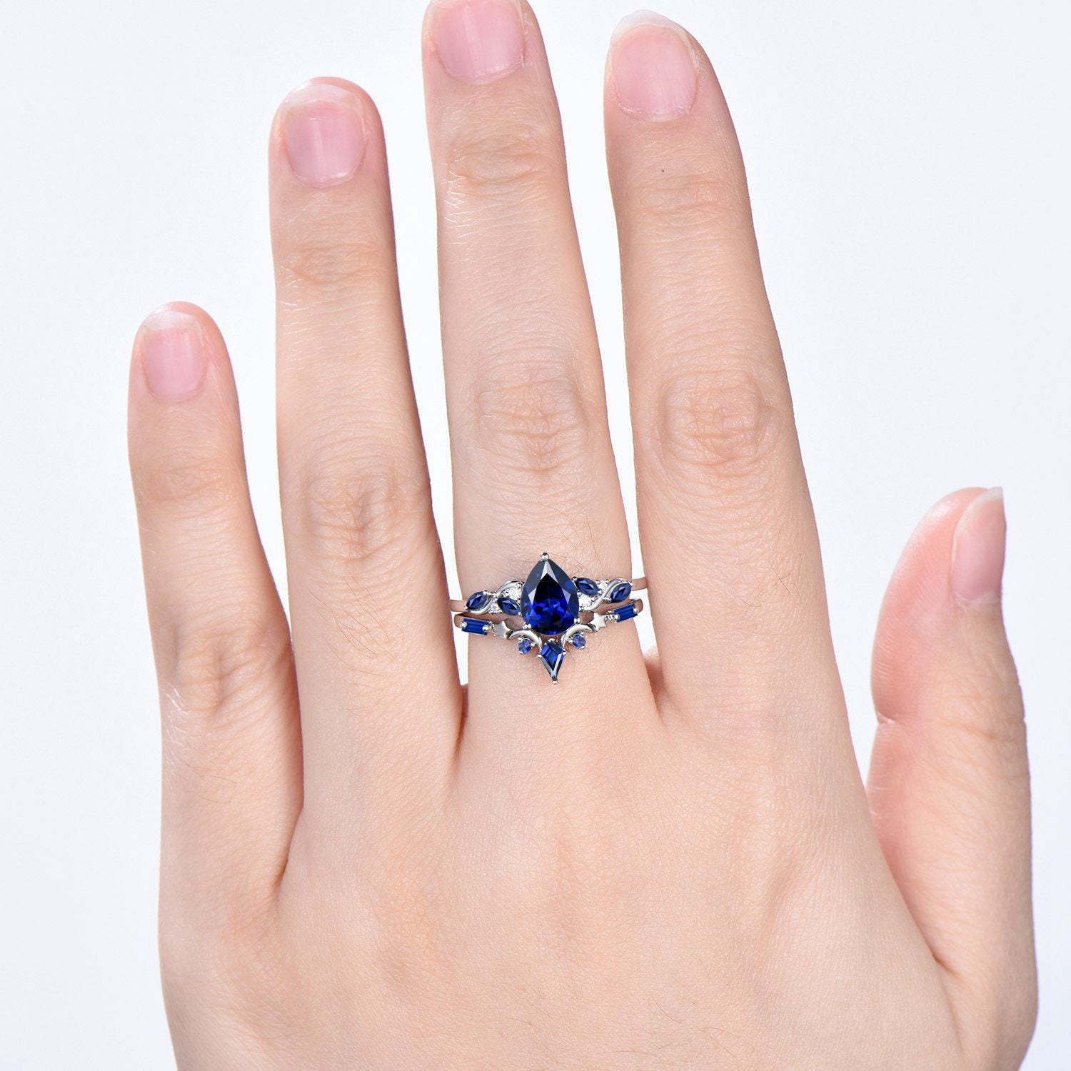Vintage Pear Shaped Blue Sapphire Engagement Ring Set, 14k Rose Gold Sapphire Wedding Set Unique September Birthstone Proposal Gift for Her - PENFINE