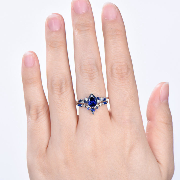 Vintage Pear Shaped Blue Sapphire Engagement Ring Set, 14k Rose Gold Sapphire Wedding Set Unique September Birthstone Proposal Gift for Her - PENFINE