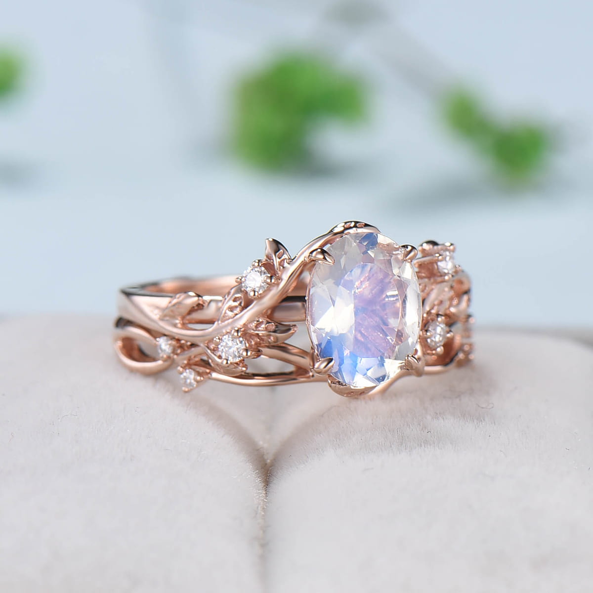 Rainbow blue moonstone ring Nature Inspired Leaf moonstone gold wedding ring set twig engagement ring vintage unique promise ring for women - PENFINE