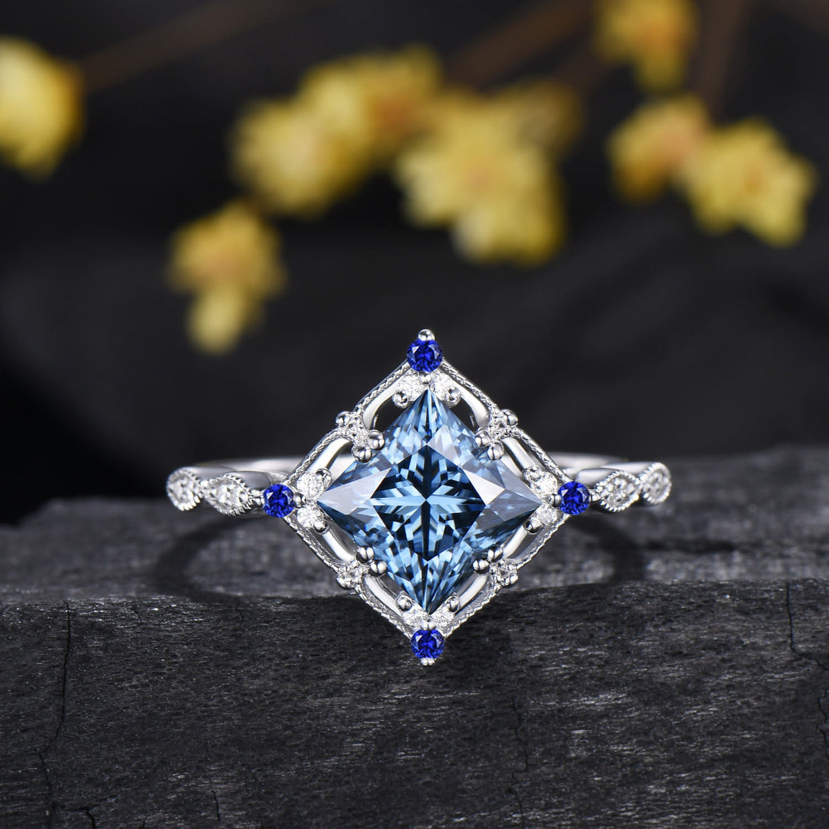 Art Deco Princess Cut Blue Moissanite Engagement Ring Sapphire Moissanite Matching Band White Gold Ring Set