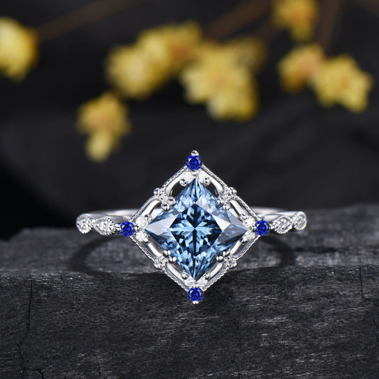 Art Deco Princess Cut Blue Moissanite Engagement Ring Sapphire Moissanite Matching Band White Gold Ring Set
