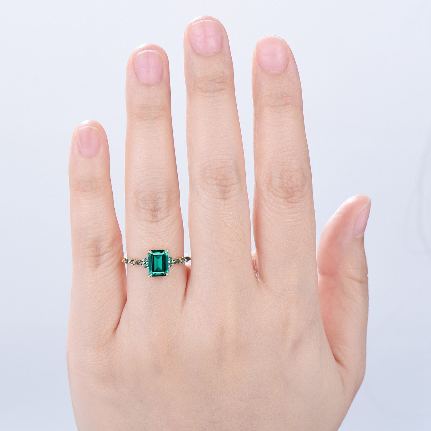 Vintage Emerald Cut Emerald Engagement Ring Unique Marquise Moss Agate Wedding Ring Women Gold Green Gemstone Promise Anniversary Ring Gift - PENFINE
