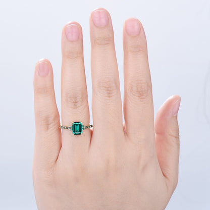 Vintage Emerald Cut Emerald Engagement Ring Unique Marquise Moss Agate Wedding Ring Women Gold Green Gemstone Promise Anniversary Ring Gift - PENFINE