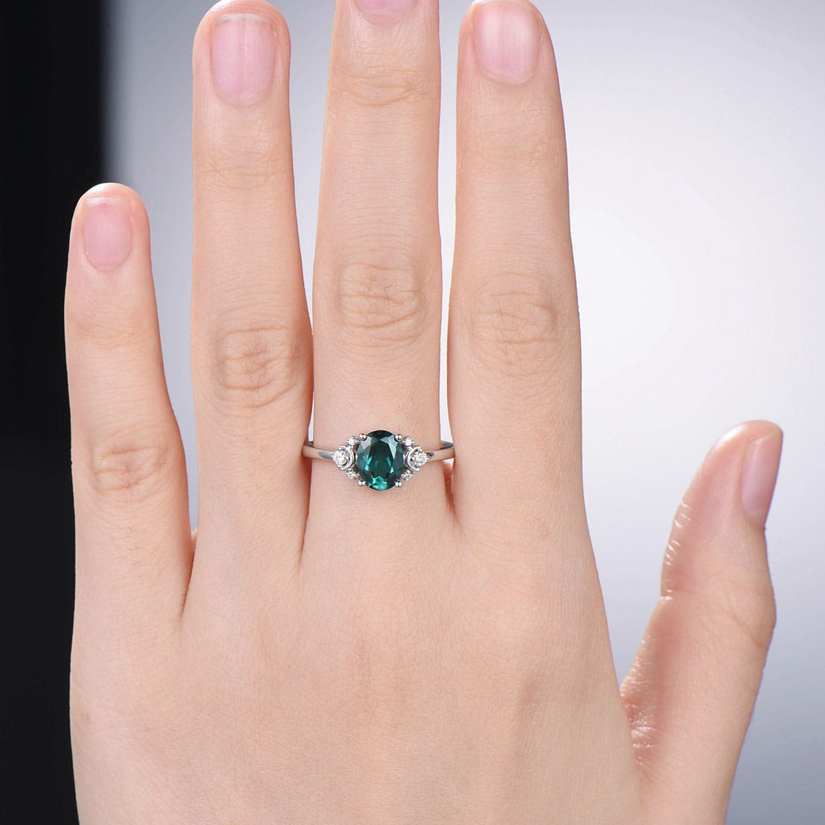 Vintage Emerald Engagement Ring Unique Nature Inspired Moon Green Crystal Ring Unique Alternative May birthstone Wedding Ring For Women - PENFINE