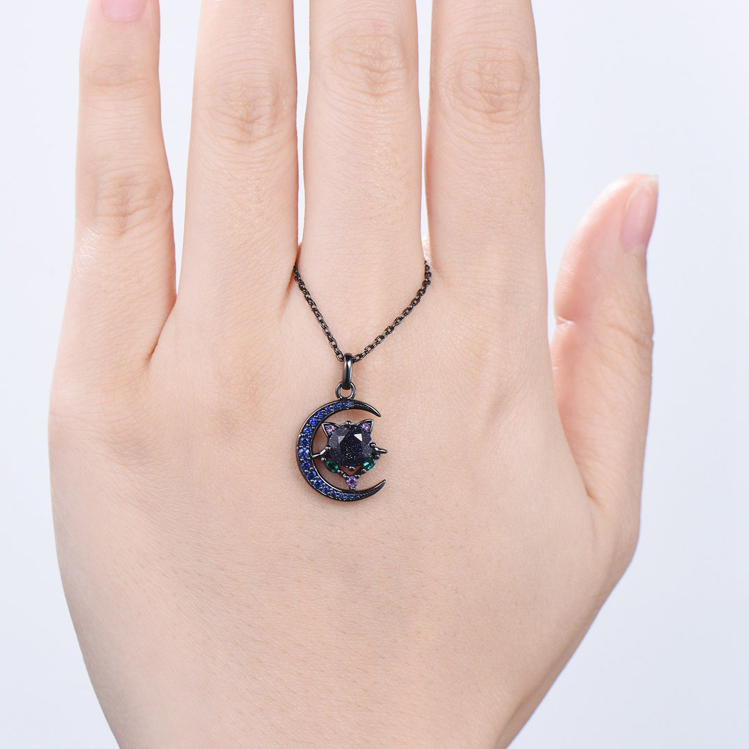 Unique Black Gold Blue Sandstone Necklace Magic Crescent Moon Devil Pendant Necklace Sapphire Emerald Gothic Anniversary Gift for Daughter - PENFINE