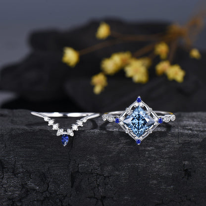 Art Deco Princess Cut Blue Moissanite Engagement Ring Sapphire Moissanite Matching Band White Gold Ring Set