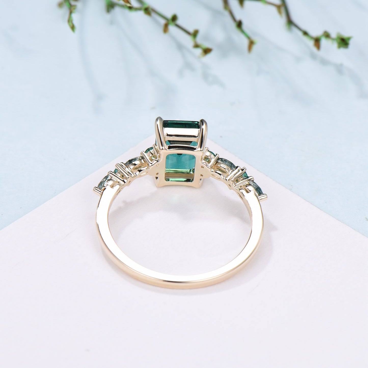 Vintage Emerald Cut Emerald Engagement Ring Unique Marquise Moss Agate Wedding Ring Women Gold Green Gemstone Promise Anniversary Ring Gift - PENFINE