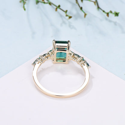 Vintage Emerald Cut Emerald Engagement Ring Unique Marquise Moss Agate Wedding Ring Women Gold Green Gemstone Promise Anniversary Ring Gift - PENFINE