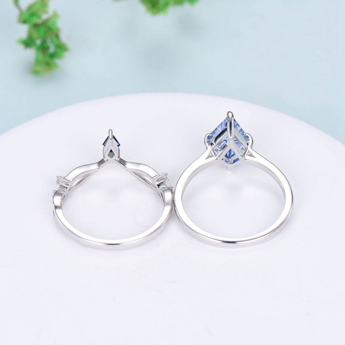 Kite Fantasy Cut Cornflower Blue Sapphire Solitaire Wedding Ring Set Sapphire Curved Band