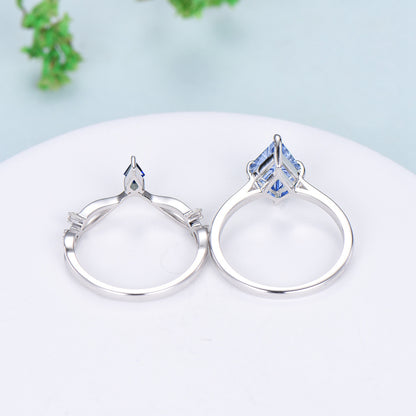 Kite Fantasy Cut Cornflower Blue Sapphire Solitaire Wedding Ring Set Sapphire Curved Band