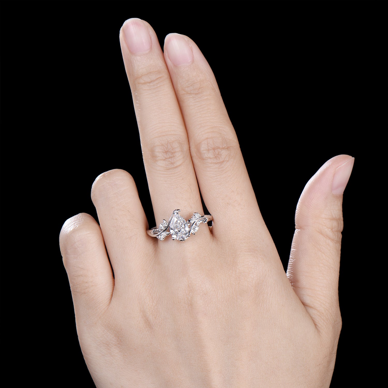 IGI Certified Pear Lab Grown Diamond Engagement Ring • White Gold Vine Leaf Band