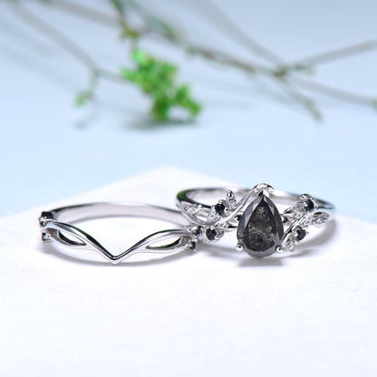 Vintage salt pepper diamond engagement ring pear shaped leaf branch pepper wedding ring set unique nature inspired promise ring for women - PENFINE