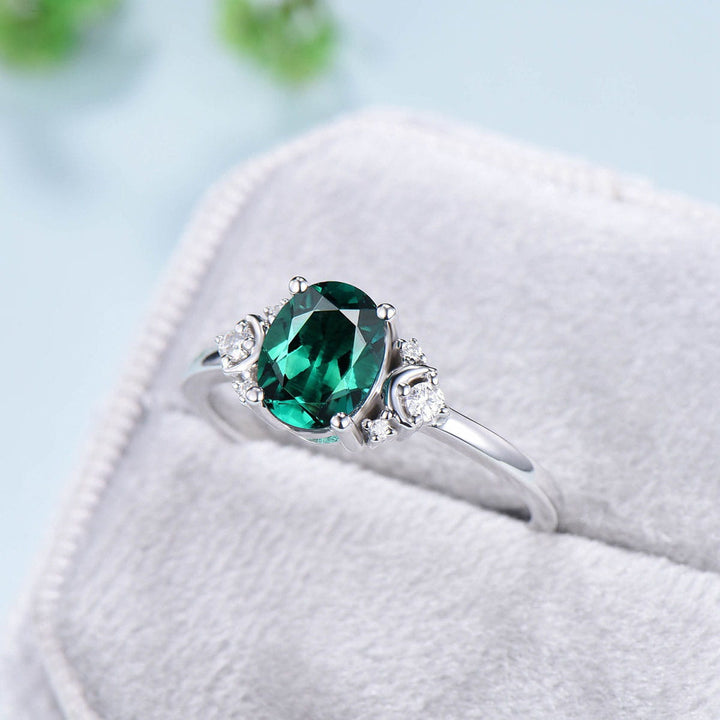 Vintage Emerald Engagement Ring Unique Nature Inspired Moon Green Crystal Ring Unique Alternative May birthstone Wedding Ring For Women - PENFINE