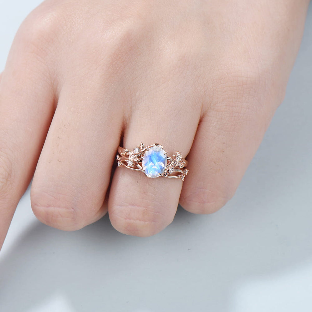 Rainbow blue moonstone ring Nature Inspired Leaf moonstone gold wedding ring set twig engagement ring vintage unique promise ring for women - PENFINE