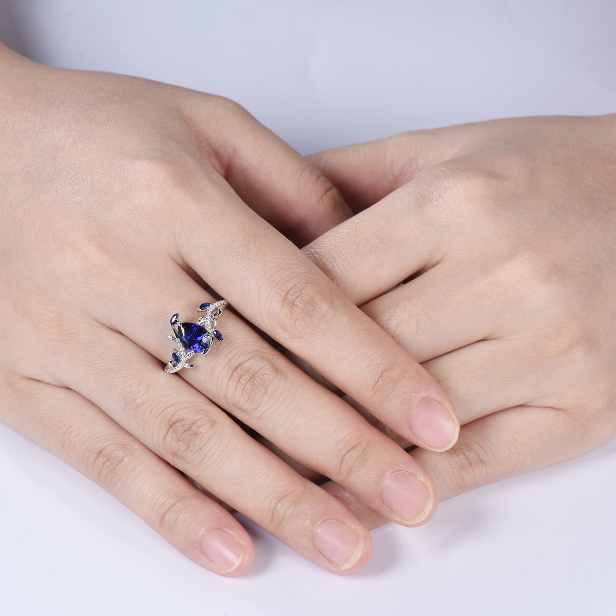 Nature Inspired Pear Shaped Blue Sapphire Engagement Ring Set Snake Marquise Sapphire Wedding Bridal Ring Set Twig Vine Promise Ring