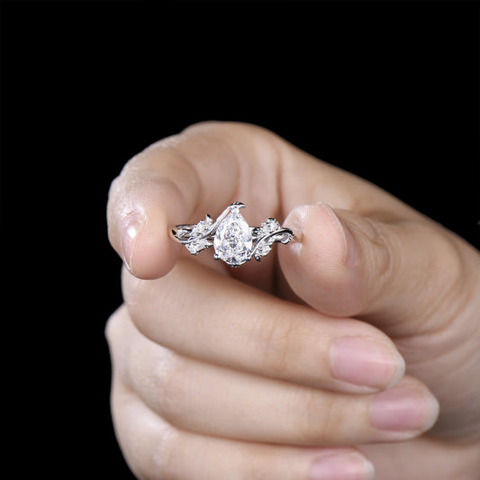 IGI Certified Pear Lab Grown Diamond Engagement Ring • White Gold Vine Leaf Band
