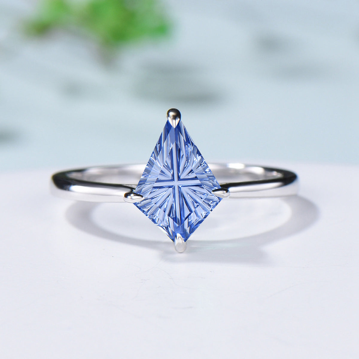 Kite Fantasy Cut Cornflower Blue Sapphire Solitaire Wedding Ring Set Sapphire Curved Band