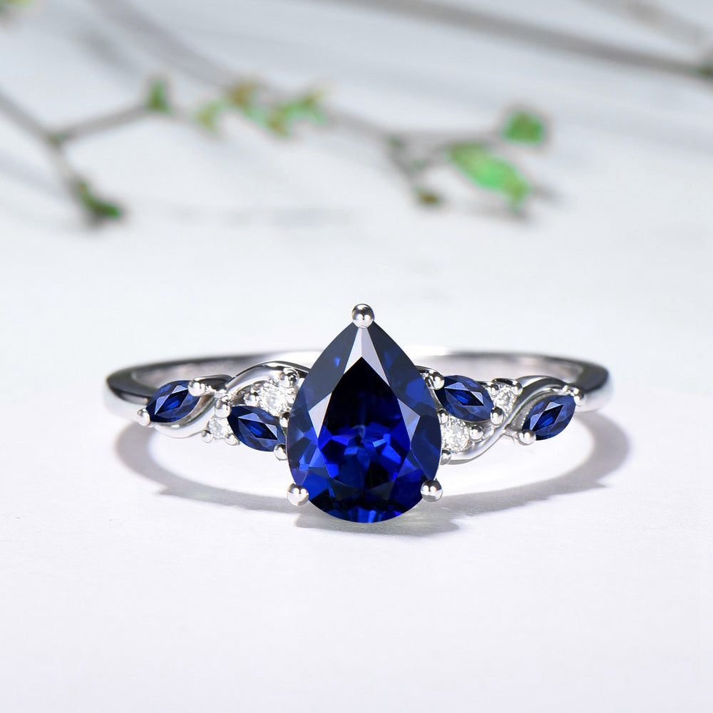 Vintage Pear Shaped Blue Sapphire Engagement Ring Set, 14k Rose Gold Sapphire Wedding Set Unique September Birthstone Proposal Gift for Her - PENFINE