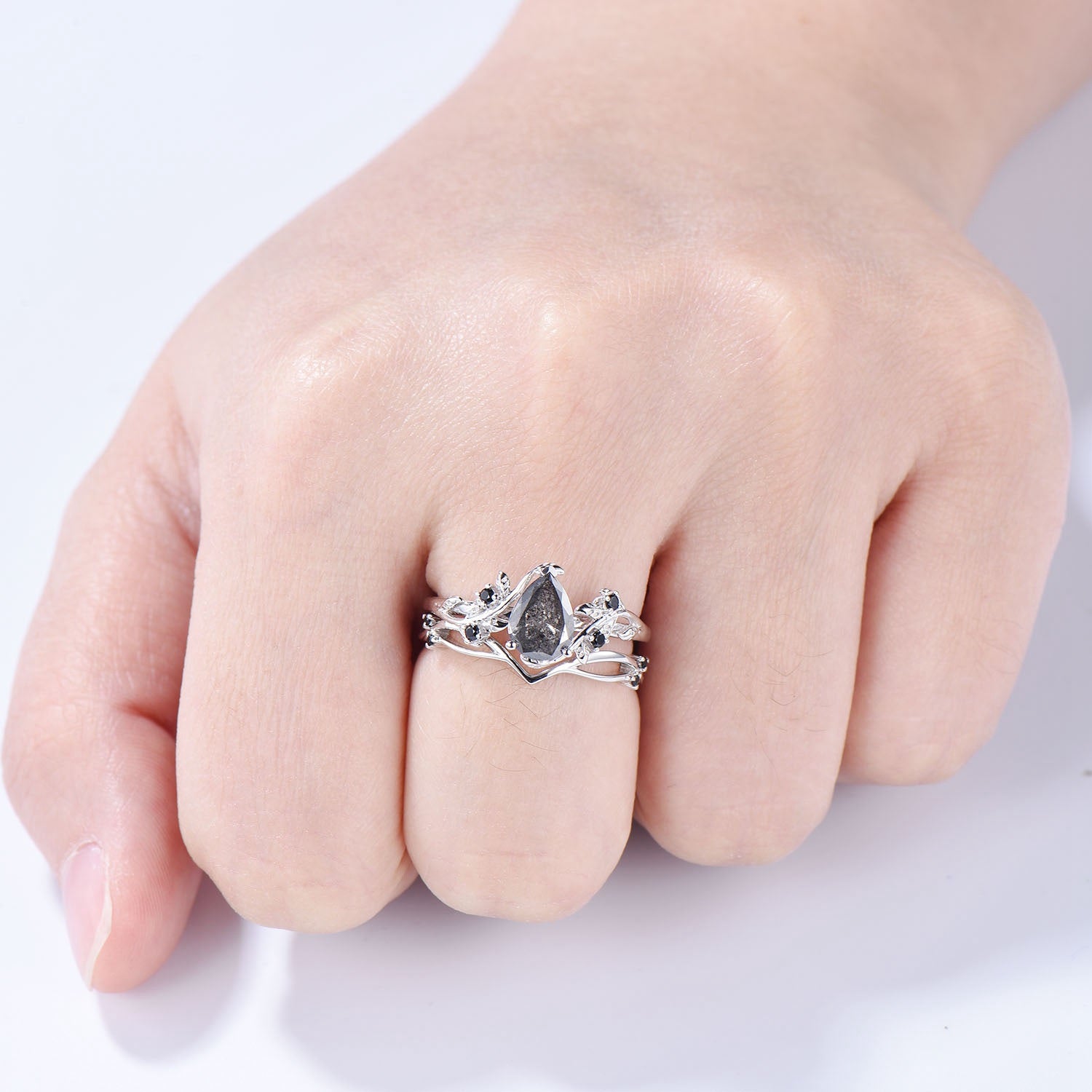 Salt and Pepper Pear Cut Diamond, Engagement Wedding Ring, Set in popular 925 Sterling Silver, Salt and Pepper ring, Gift For Women For Her,Rings