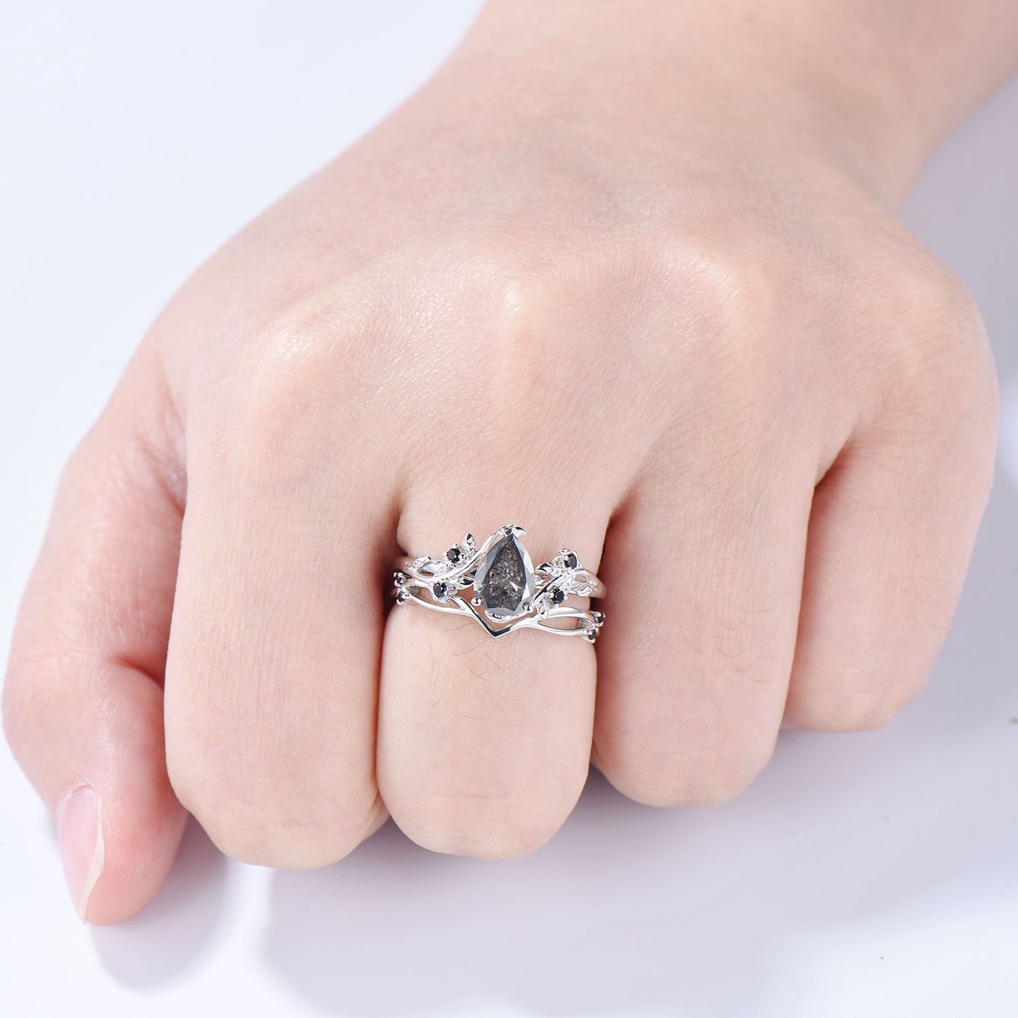 Vintage salt pepper diamond engagement ring pear shaped leaf branch pepper wedding ring set unique nature inspired promise ring for women - PENFINE