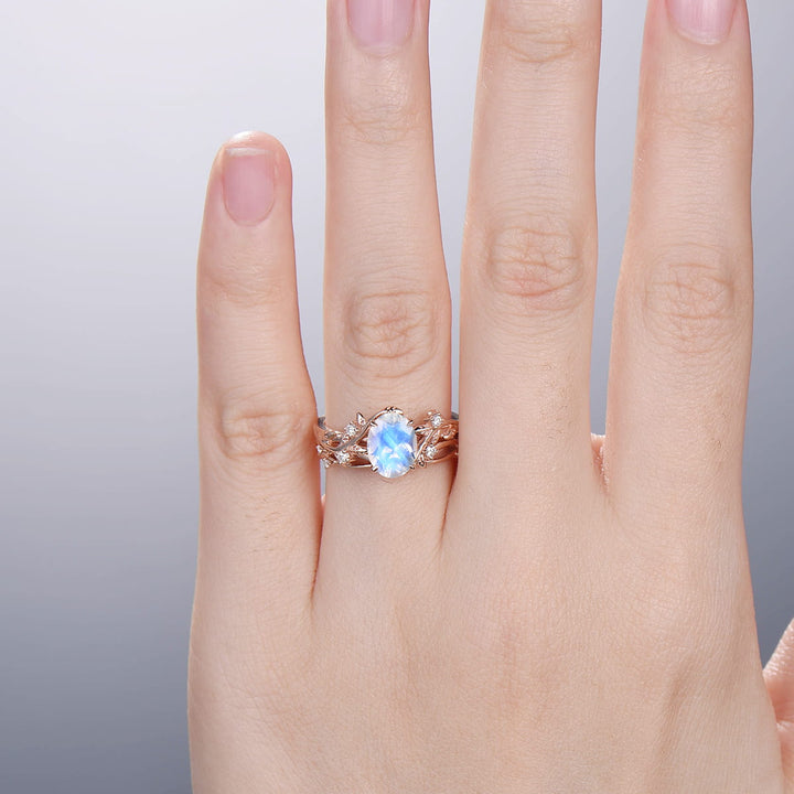 Rainbow blue moonstone ring Nature Inspired Leaf moonstone gold wedding ring set twig engagement ring vintage unique promise ring for women - PENFINE