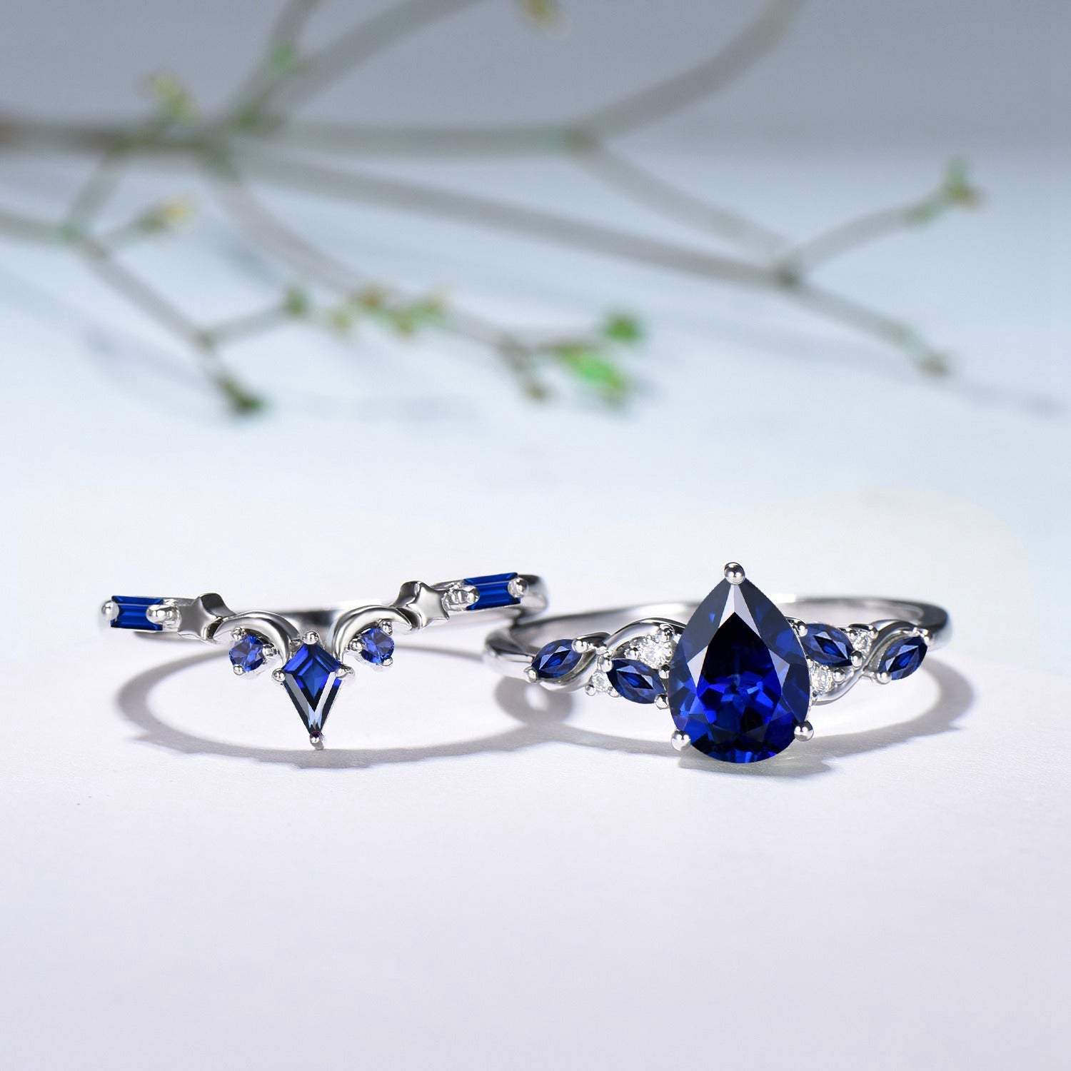 Vintage Pear Shaped Blue Sapphire Engagement Ring Set, 14k Rose Gold Sapphire Wedding Set Unique September Birthstone Proposal Gift for Her - PENFINE