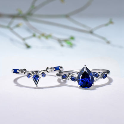 Vintage Pear Shaped Blue Sapphire Engagement Ring Set, 14k Rose Gold Sapphire Wedding Set Unique September Birthstone Proposal Gift for Her - PENFINE