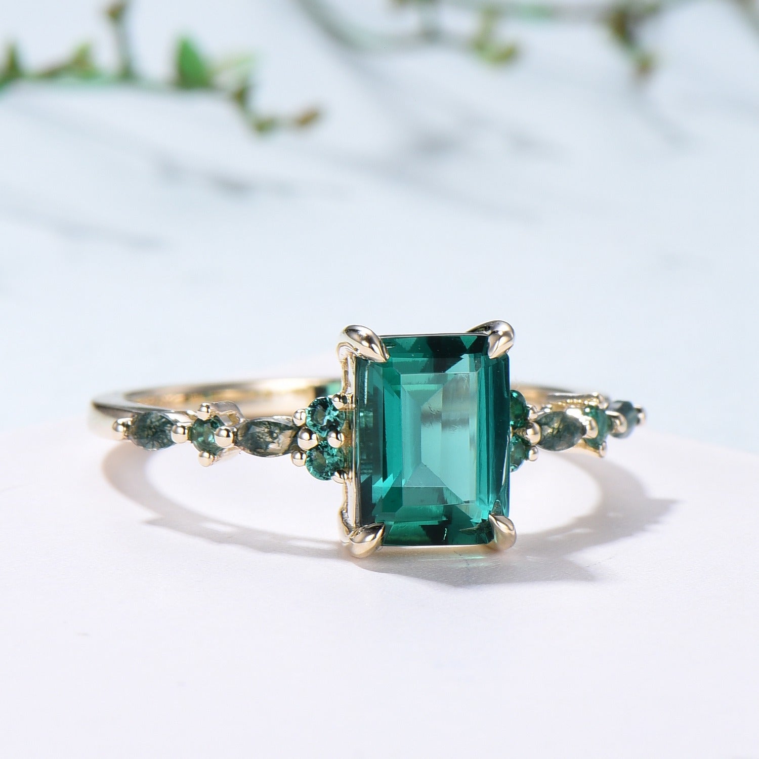 Vintage Emerald Cut Emerald Engagement Ring Unique Marquise Moss Agate Wedding Ring Women Gold Green Gemstone Promise Anniversary Ring Gift - PENFINE