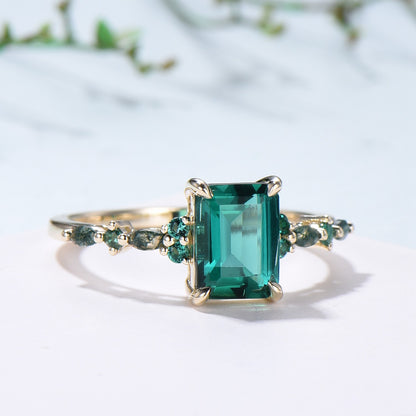 Vintage Emerald Cut Emerald Engagement Ring Unique Marquise Moss Agate Wedding Ring Women Gold Green Gemstone Promise Anniversary Ring Gift - PENFINE