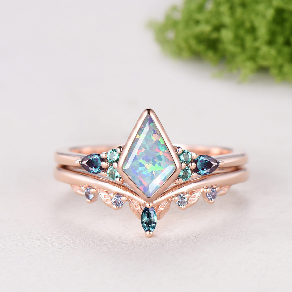 Kite Cut White Opal Bezel Set 7 Stone Engagement Ring Alexandrite Curved Ring Set