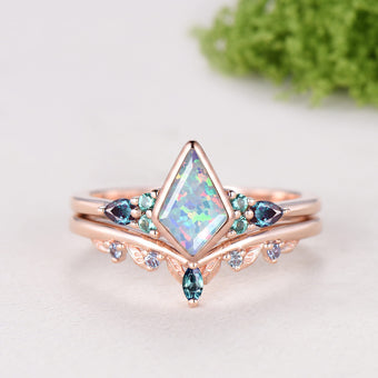 Kite Cut White Opal Bezel Set 7 Stone Engagement Ring Alexandrite Curved Ring Set