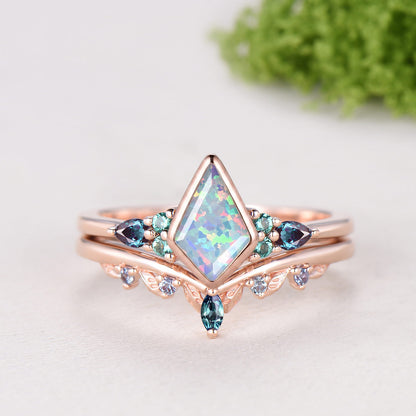 Kite Cut White Opal Bezel Set 7 Stone Engagement Ring Alexandrite Curved Ring Set
