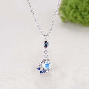 Crescent Moon Moonstone Alexandrite Pendant Necklace Elegant Celestial Cluster Sapphire Jewelry June Birthstone Anniversary Gift for Women
