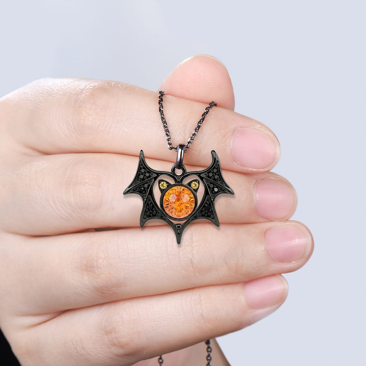 Unique Cat & Bat Spessartine Garnet Pendant Necklace for Halloween