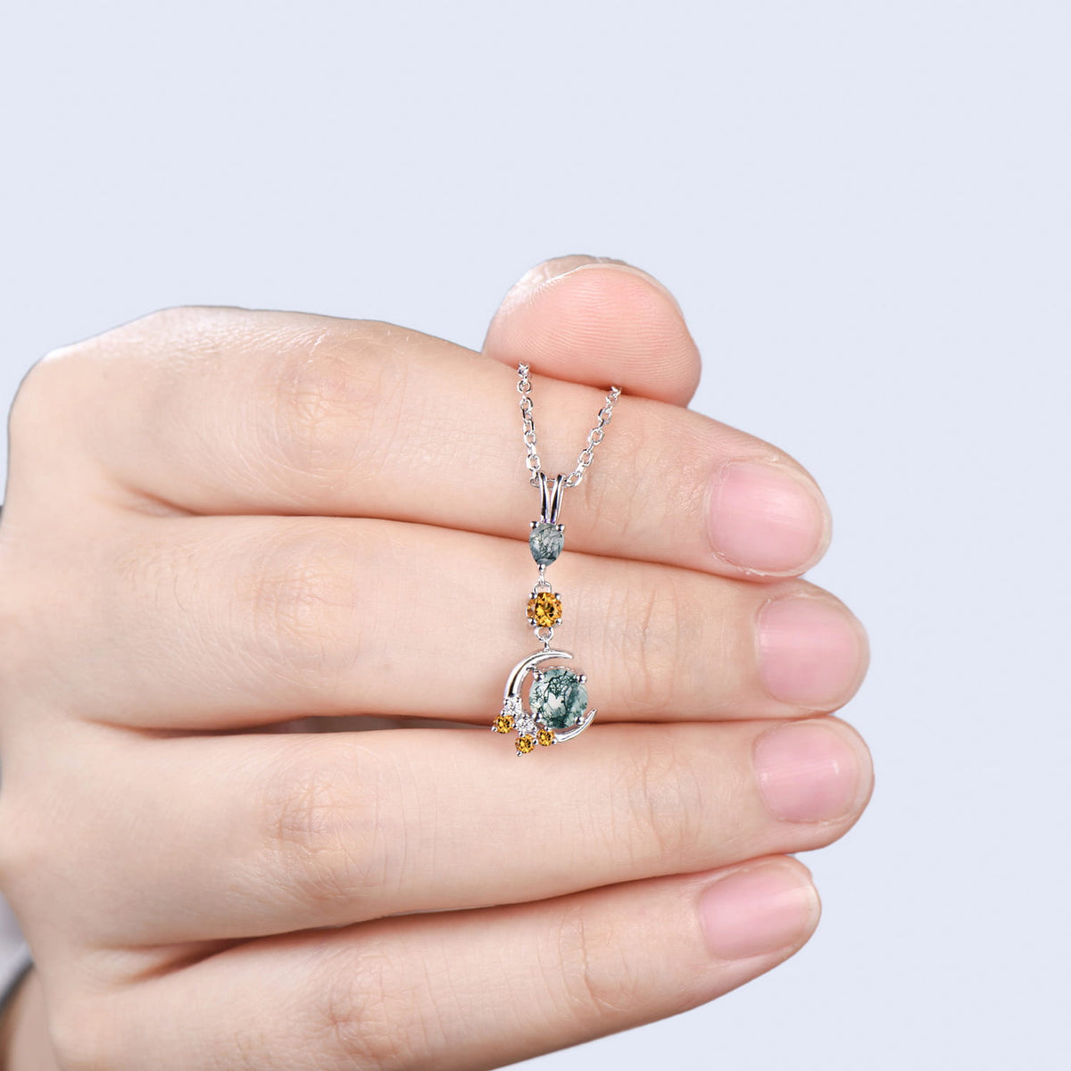 Delicate Round Cut Moss Agate Necklace Moon pendant 14k white gold Cluster citrine Moissanite Necklace Dainty Opal Necklace Proposal gifts