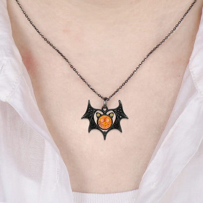 Unique Cat & Bat Spessartine Garnet Pendant Necklace for Halloween