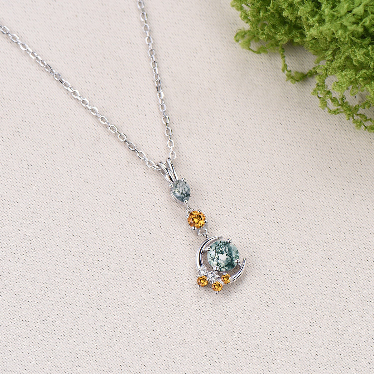 Delicate Round Cut Moss Agate Necklace Moon pendant 14k white gold Cluster citrine Moissanite Necklace Dainty Opal Necklace Proposal gifts