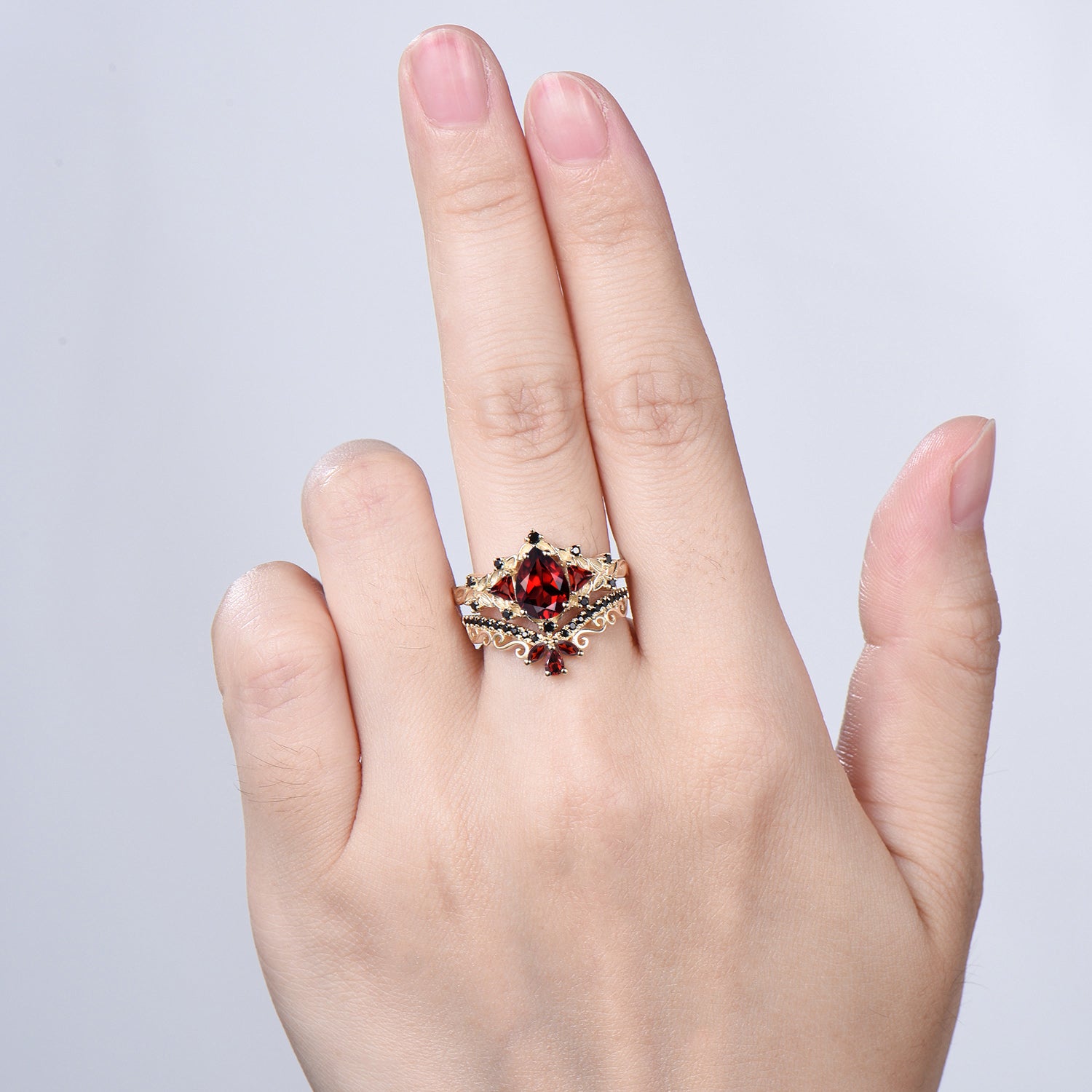 Leaf Vine Garnet Engagement Ring Set Pear Cut Art Deco January Birthstone Black Spinel Bridal Set 14K Yellow Gold Nature Inspired Jewelry