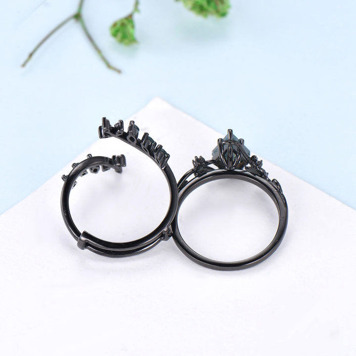 Nature Inspired Kite cut moss agate ring set black gold unique leaf branch marquise cut green agate engagement ring bridal wedding ring set - PENFINE