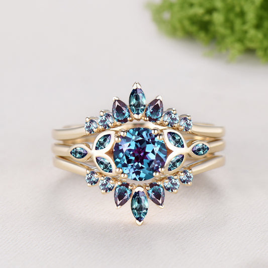 Elegant Alexandrite Enhancer Ring Bridal Set Round Cut Color-change Alexandrite Bezel Setting Engagement Ring