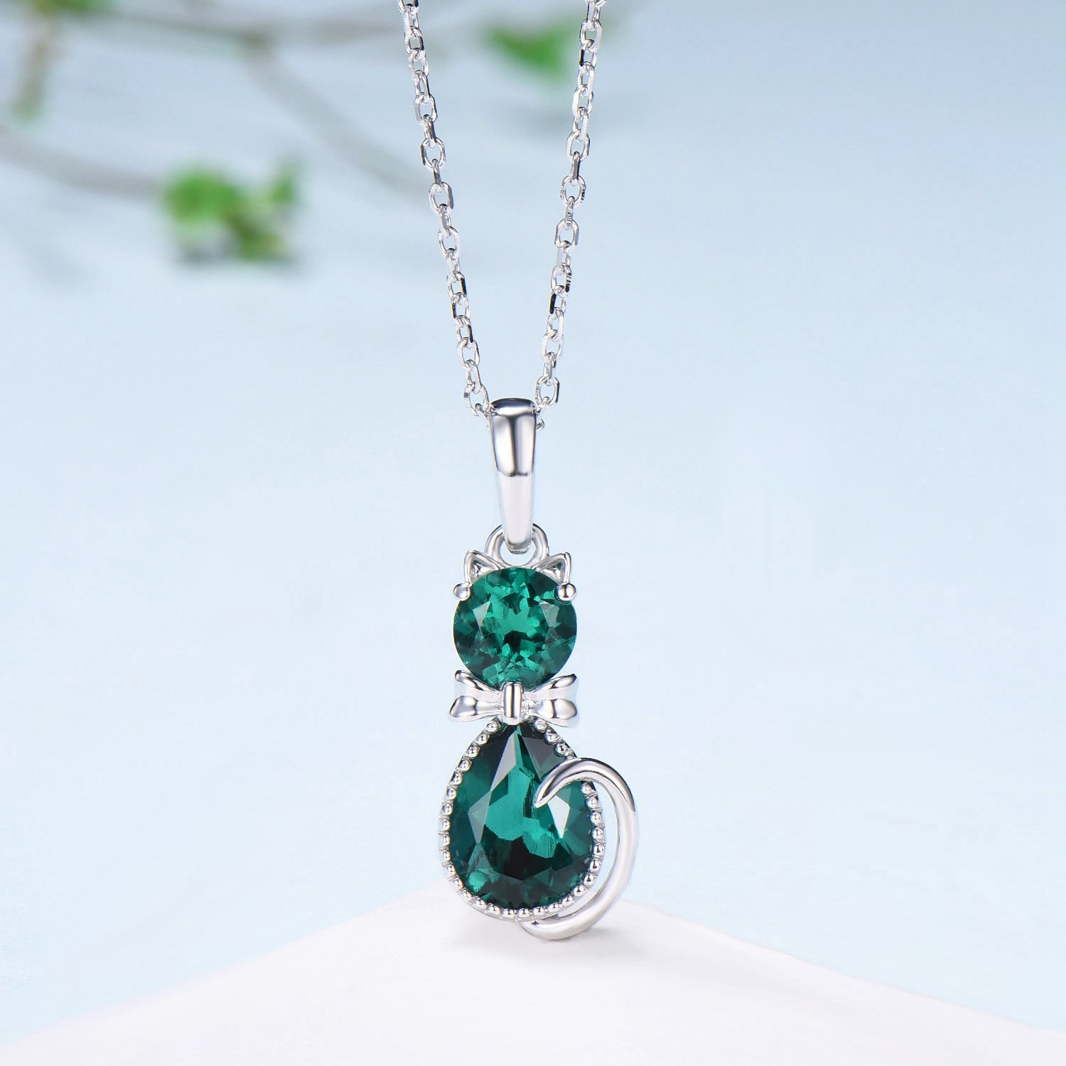 Dainty cat emerald pendant necklace, cute silver white gold Bow necklace unique personalized gift, Cat's Paw anniversary gift for daughter - PENFINE