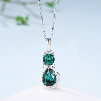 Dainty cat emerald pendant necklace, cute silver white gold Bow necklace unique personalized gift, Cat's Paw anniversary gift for daughter - PENFINE