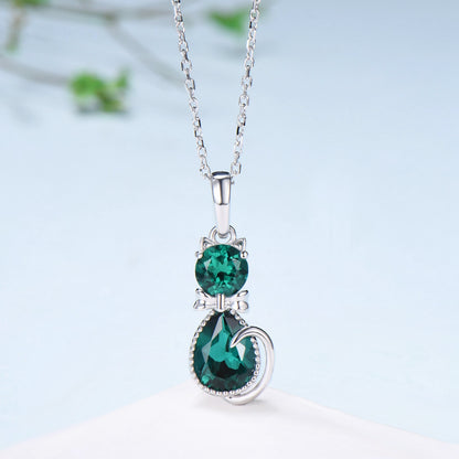 Dainty cat emerald pendant necklace, cute silver white gold Bow necklace unique personalized gift, Cat's Paw anniversary gift for daughter - PENFINE