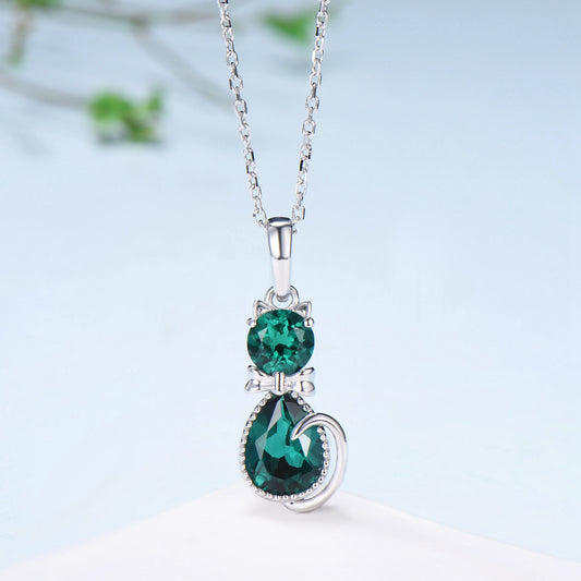 Dainty cat emerald pendant necklace, cute silver white gold Bow necklace unique personalized gift, Cat's Paw anniversary gift for daughter - PENFINE