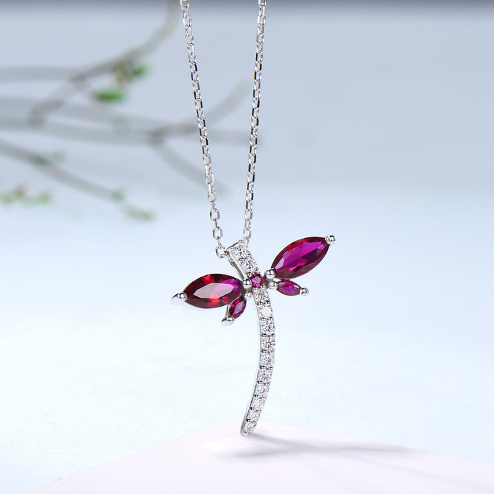Vintage dragonfly necklace Unique lab red ruby necklace pendant cute silver 14k rose gold July birthstone pendant handmade proposal gifts - PENFINE